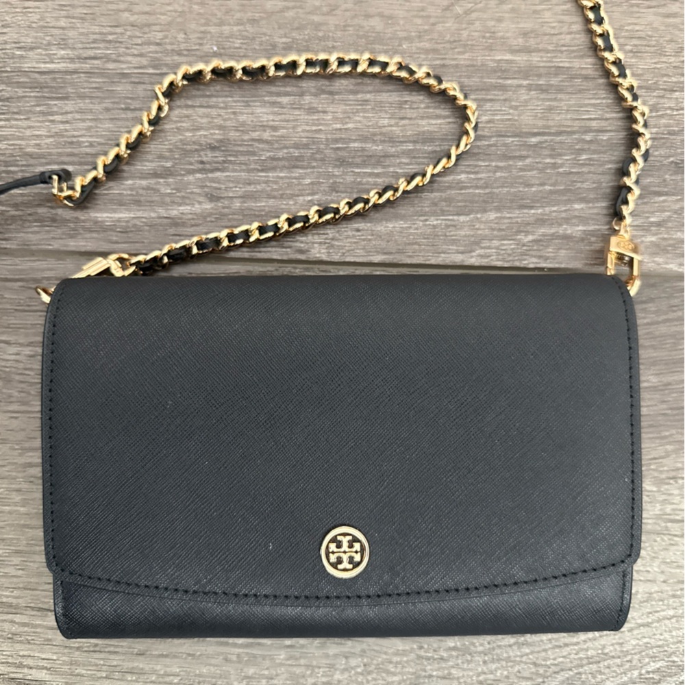 Tory Burch Black and Gold Crossbody Bag with Elegant Chain